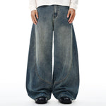 Vintage Contrast Fade Dark Wash Curved Wide Leg Jeans