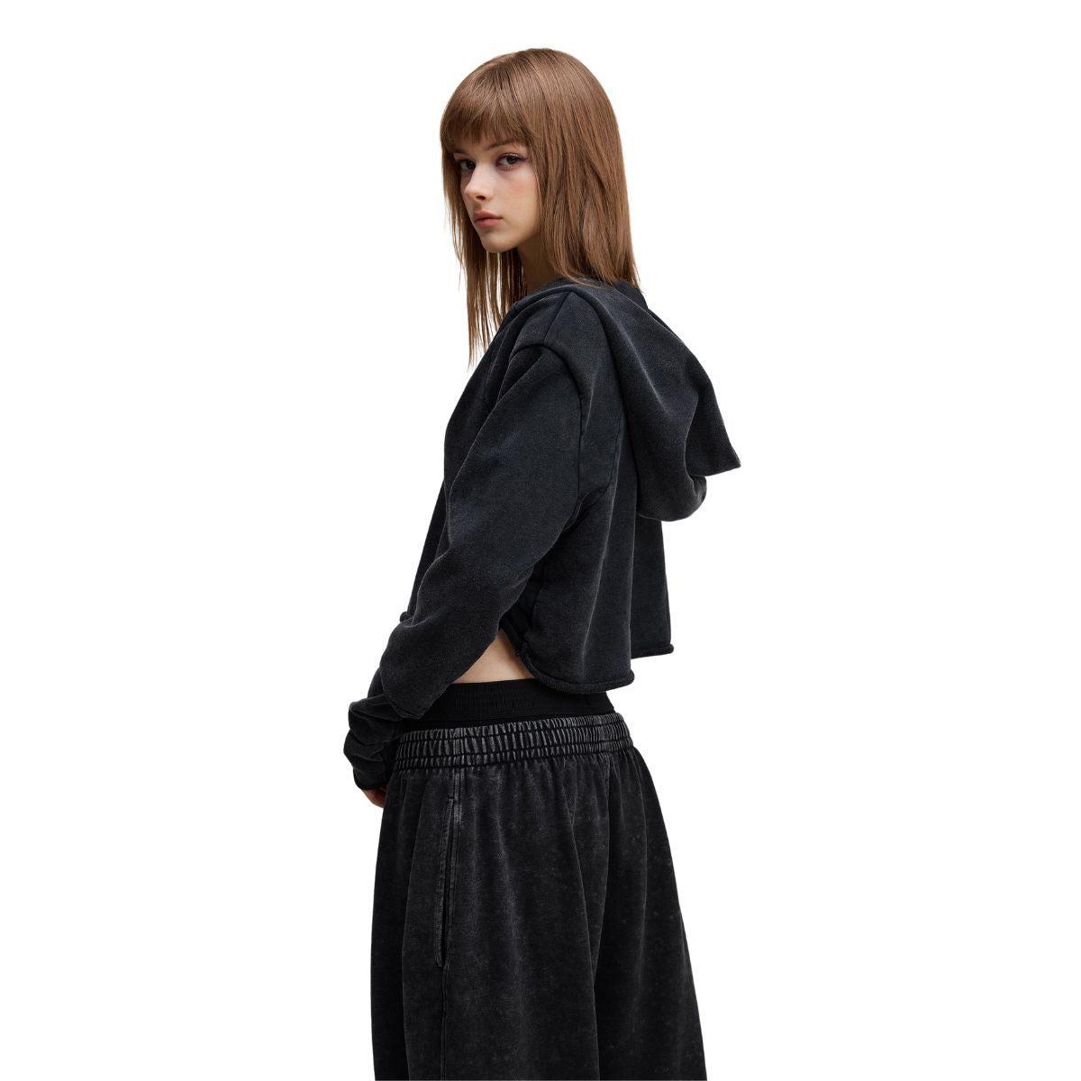 Ruched Waist Cotton Cropped Hoodie