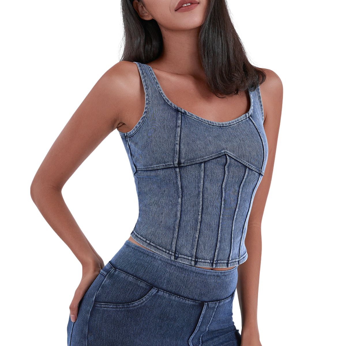Knit Denim Corset Crop Fitted Tank