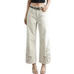 Wide Leg Embroidered Cut-Out Ankle Jeans