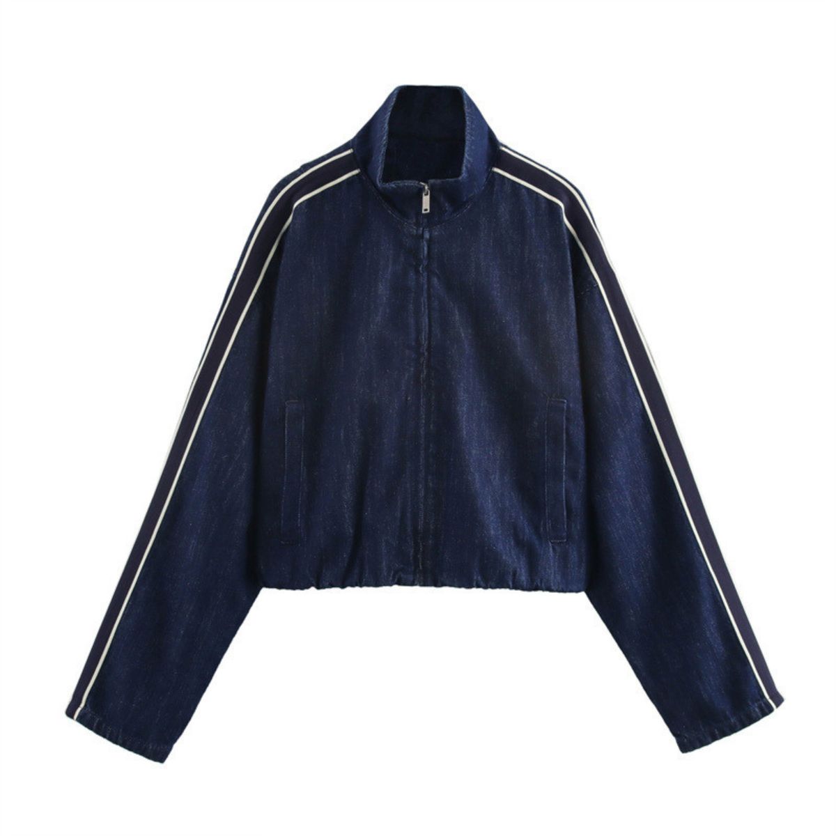 Zip-Front GatheredContrast Stripes Denim Jacket
