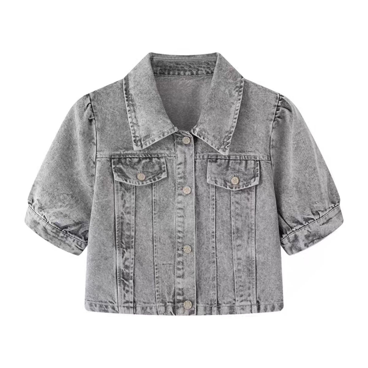 Short-Sleeve Boxy Cropped Denim Jacket