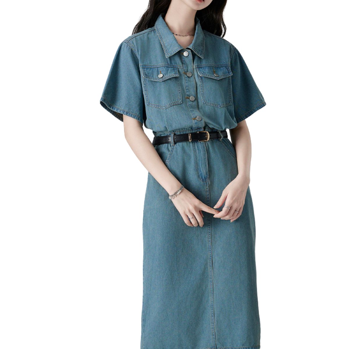 Short Sleeve Belted Midi Denim Shirtdress