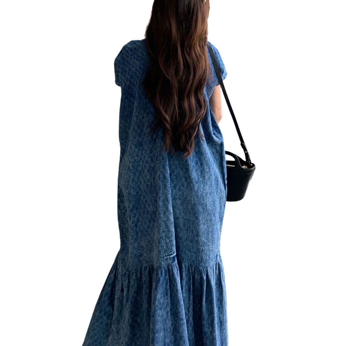 Jacquard Oversized Short-Sleeve Denim Mididress