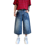 Vintage Scratched Wash Wide Leg Denim Shorts
