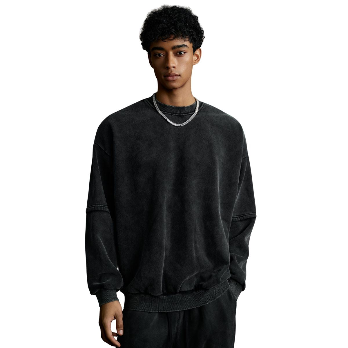 Crew Neck Mock Two-Layer Fleece Sweatshirt