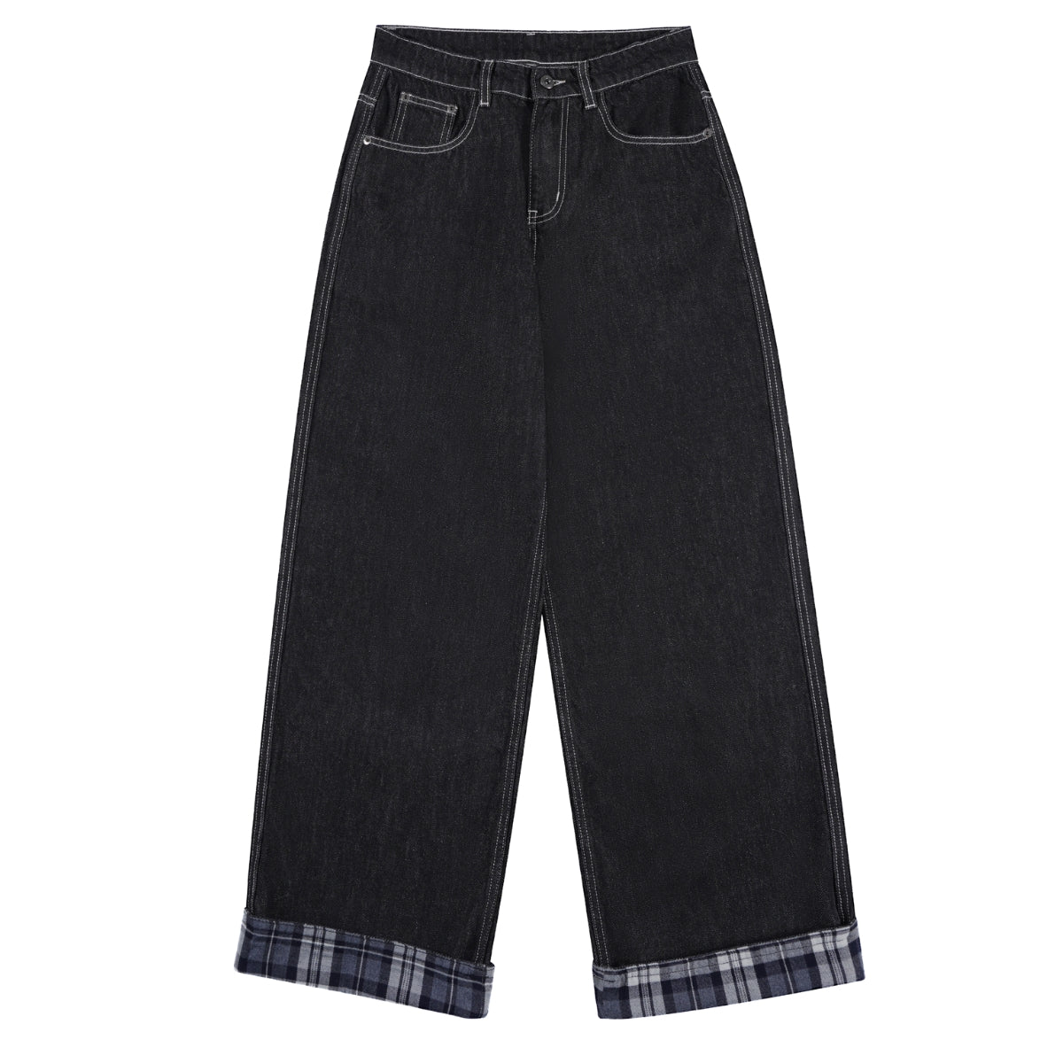 Plaid Cuff Baggy Jeans