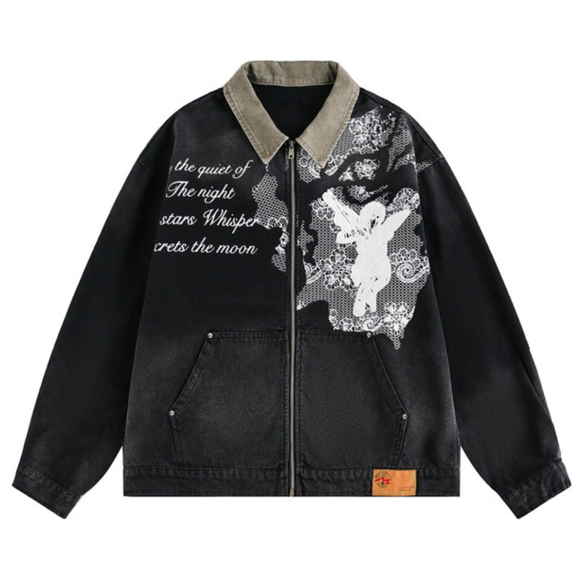 Retro Lace Patchwork Angel Pattern Casual Denim Jacket