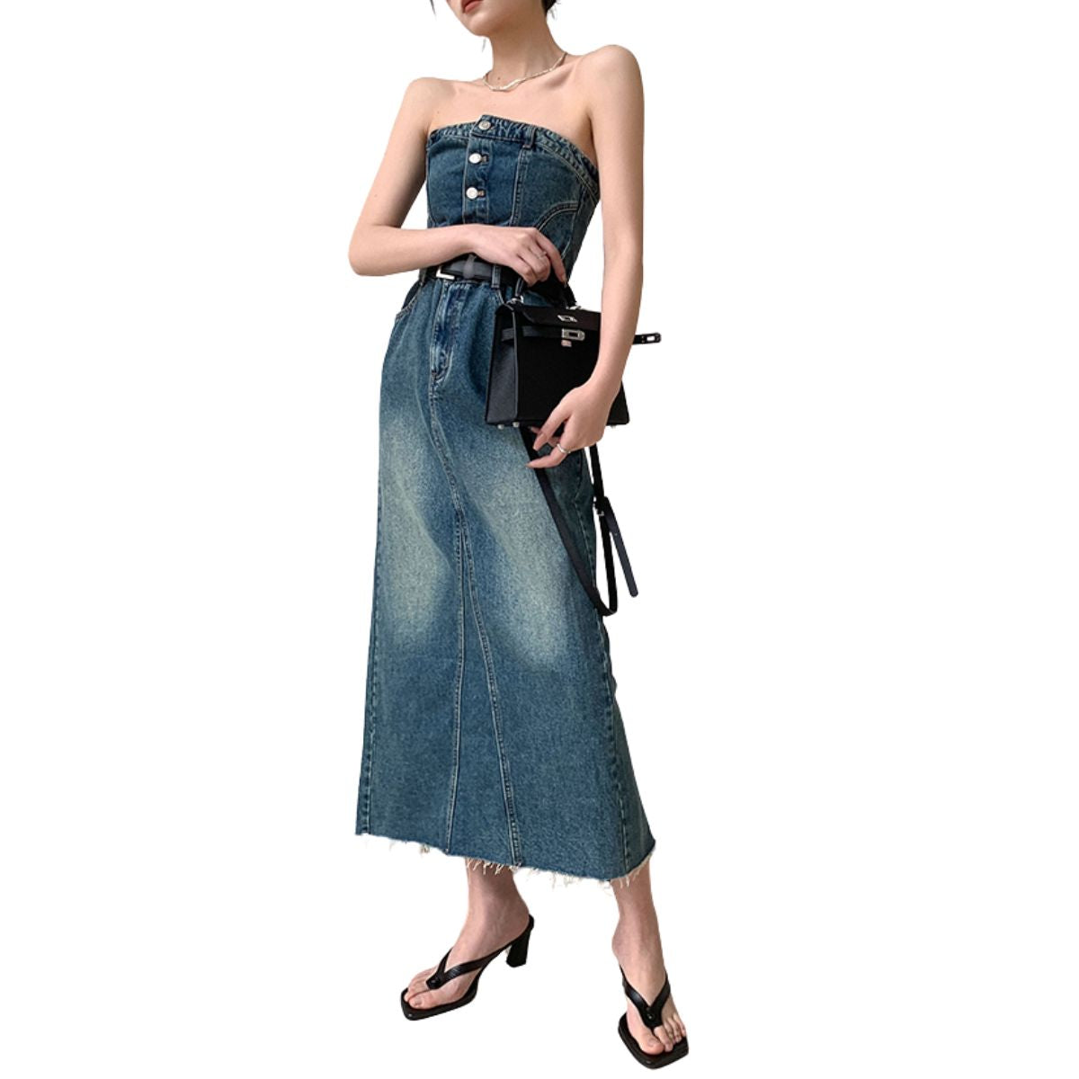 Vintage Wash Denim Belted Strapless Midi Dress