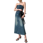 Vintage Wash Denim Belted Strapless Midi Dress