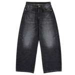Faded Crackle Wash Baggy Curved Leg Denim Jeans