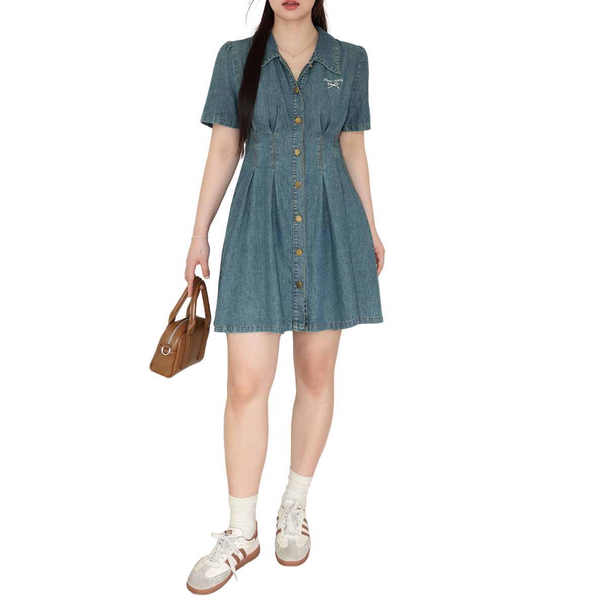 Bow-Embroidered Corset Denim Mini Dress