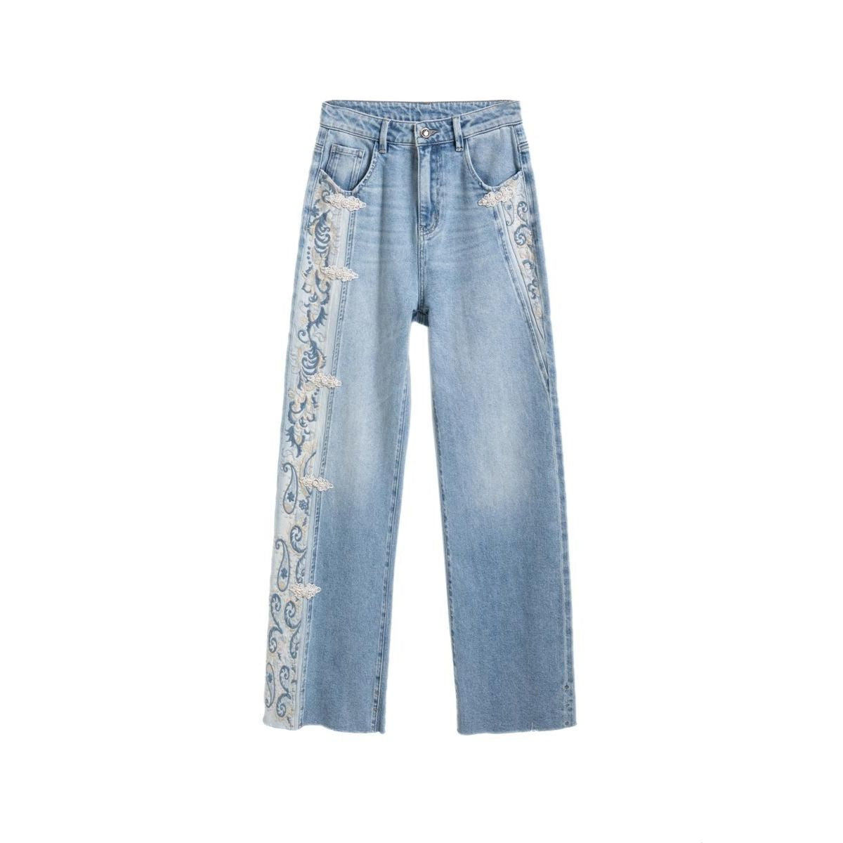 Raw Hem Embroidered Pearl-Frog Closures Jeans