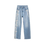 Raw Hem Embroidered Pearl-Frog Closures Jeans