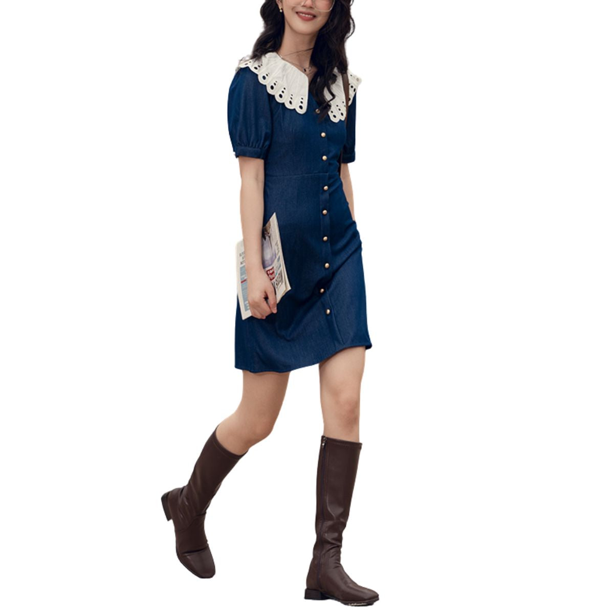Butterfly Collar Puff Sleeve Denim Mini Dress