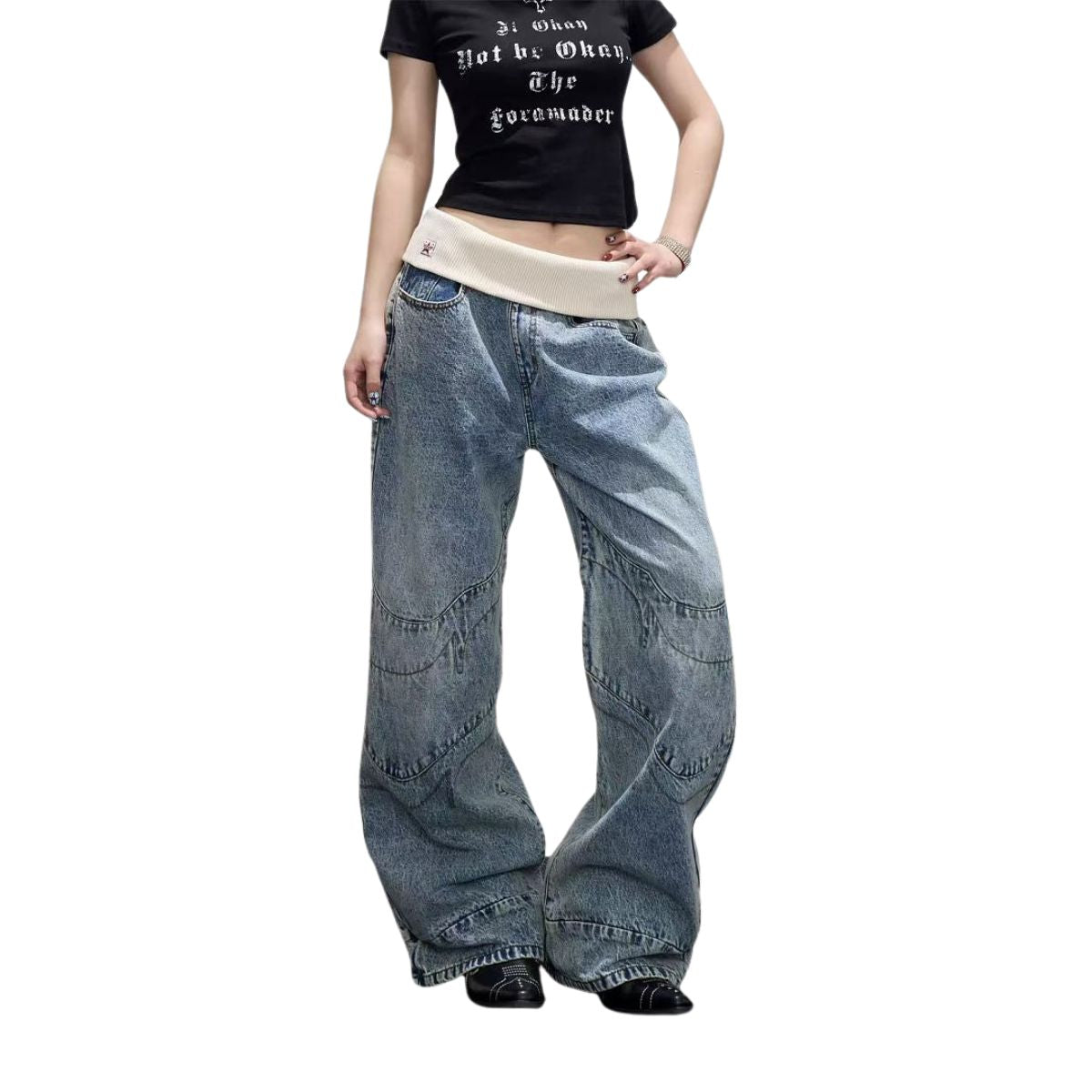 Contrast Waist Wide Straight Denim Jeans