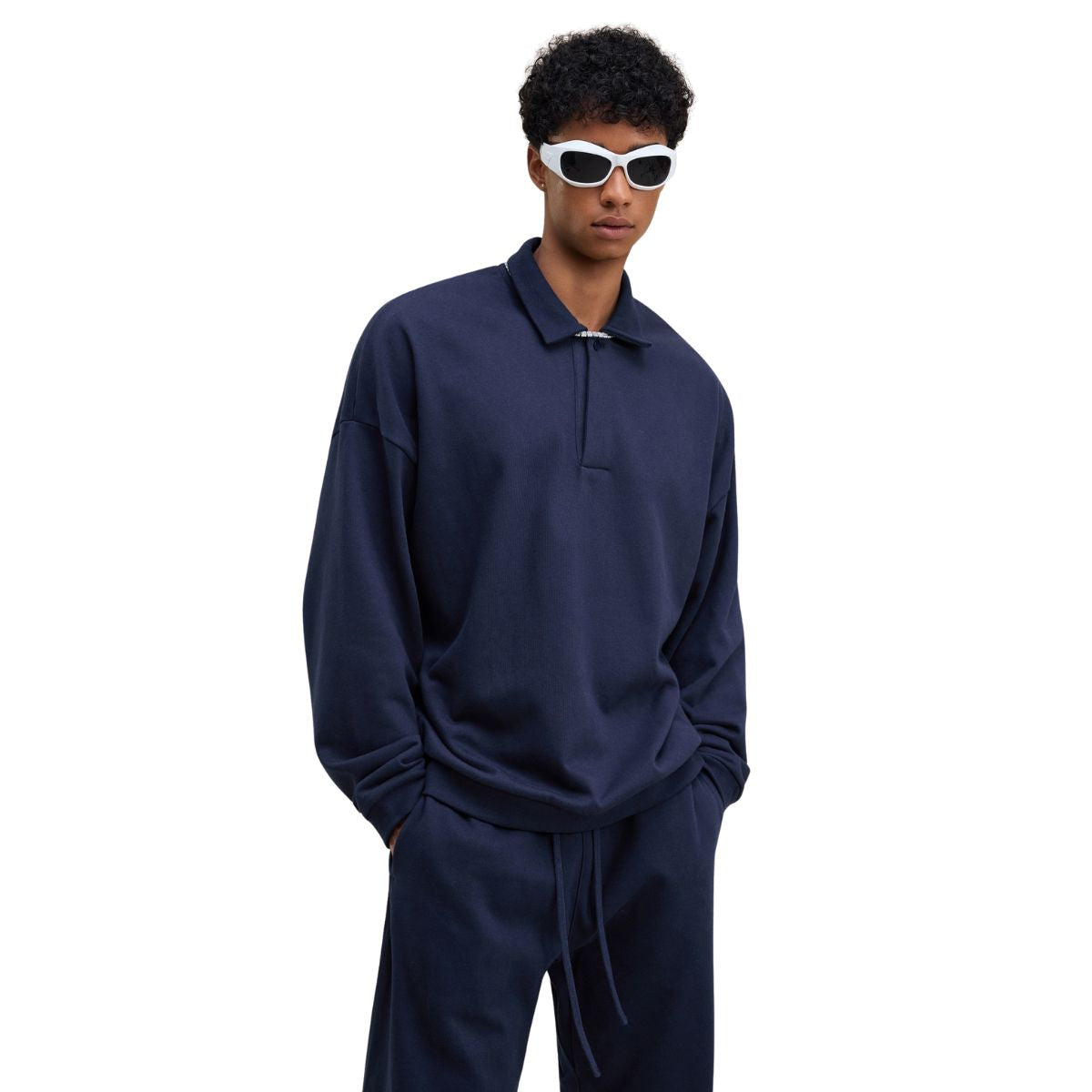 Relaxed Fit Solid Color Polo Neck Sweatshirt