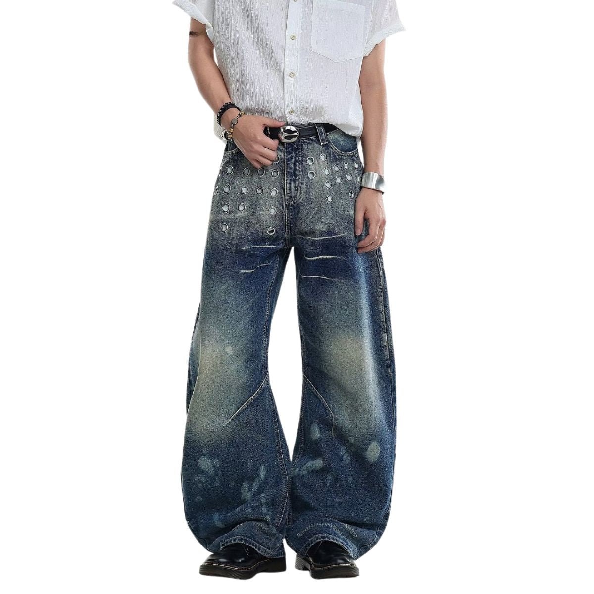 Paint Splatter Barrel Leg Denim Jeans with Rivet Details