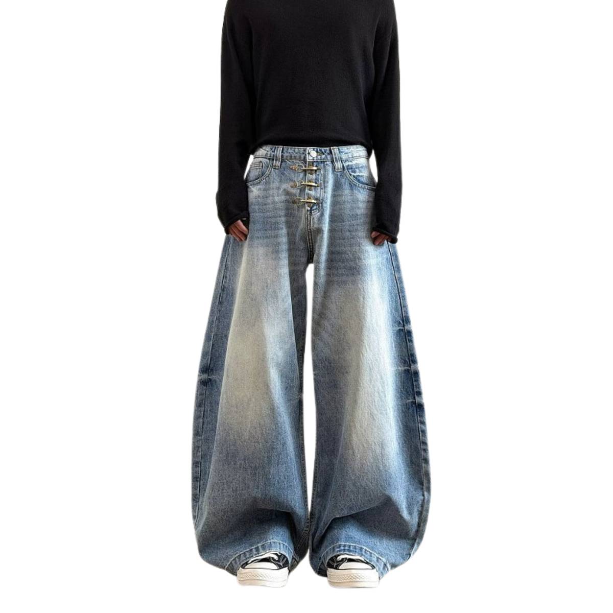 Vintage Washed Curved-Leg Denim Jeans