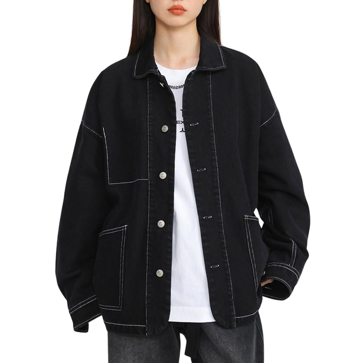 Loose Fit Denim Button-Front Jacket
