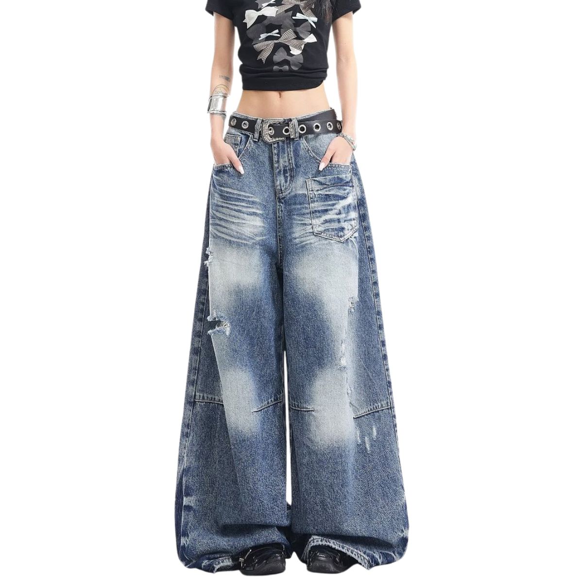 Distressed Pocket Barrel Leg Denim Jeans