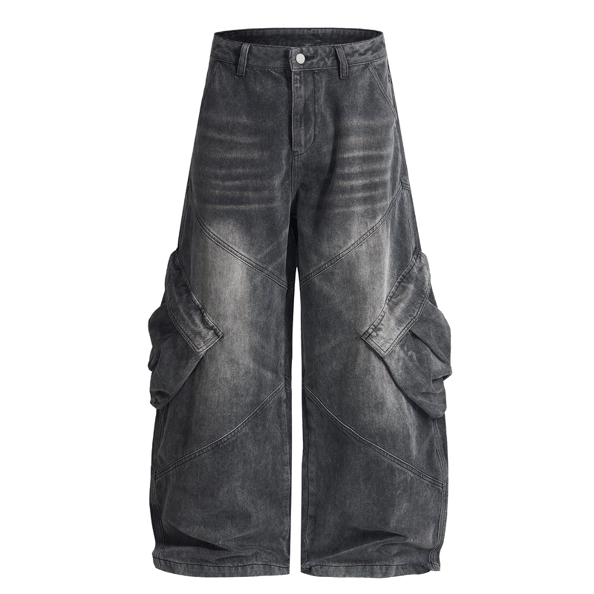 Cargo Wide Leg Distressed Wash Denim Jeans