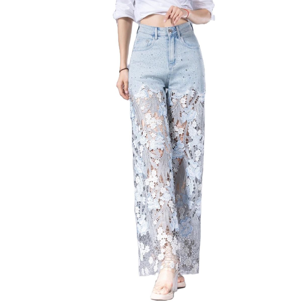 Rhinestones & Sequins Cut-Out Wide-Leg Jeans