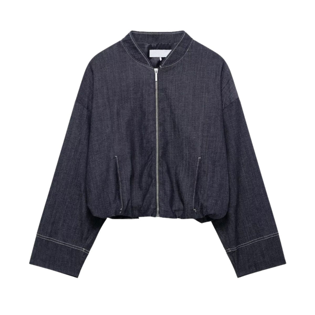 Indigo Zip Up Gathered Denim Jacket