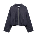 Indigo Zip Up Gathered Denim Jacket