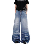 Washed Drawstring Wide Leg Denim Pants