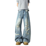 Heavy Distressed Curved Wide Leg Denim Jeans