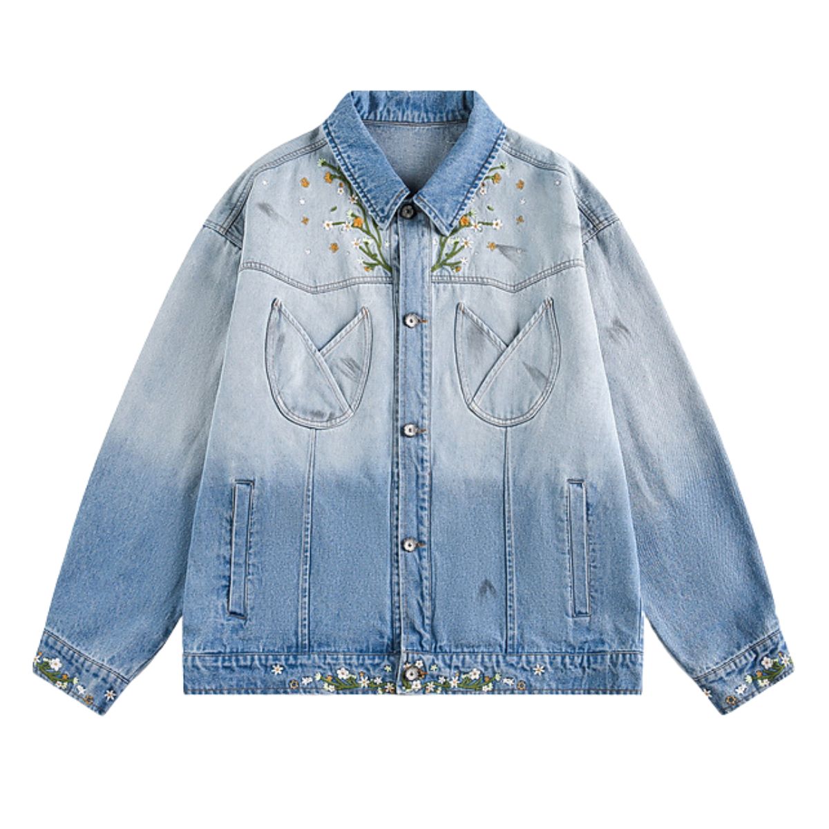 Men&Women's Retro Washed Gradient Floral Embroidered Denim Jacket
