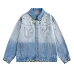 Men&Women's Retro Washed Gradient Floral Embroidered Denim Jacket