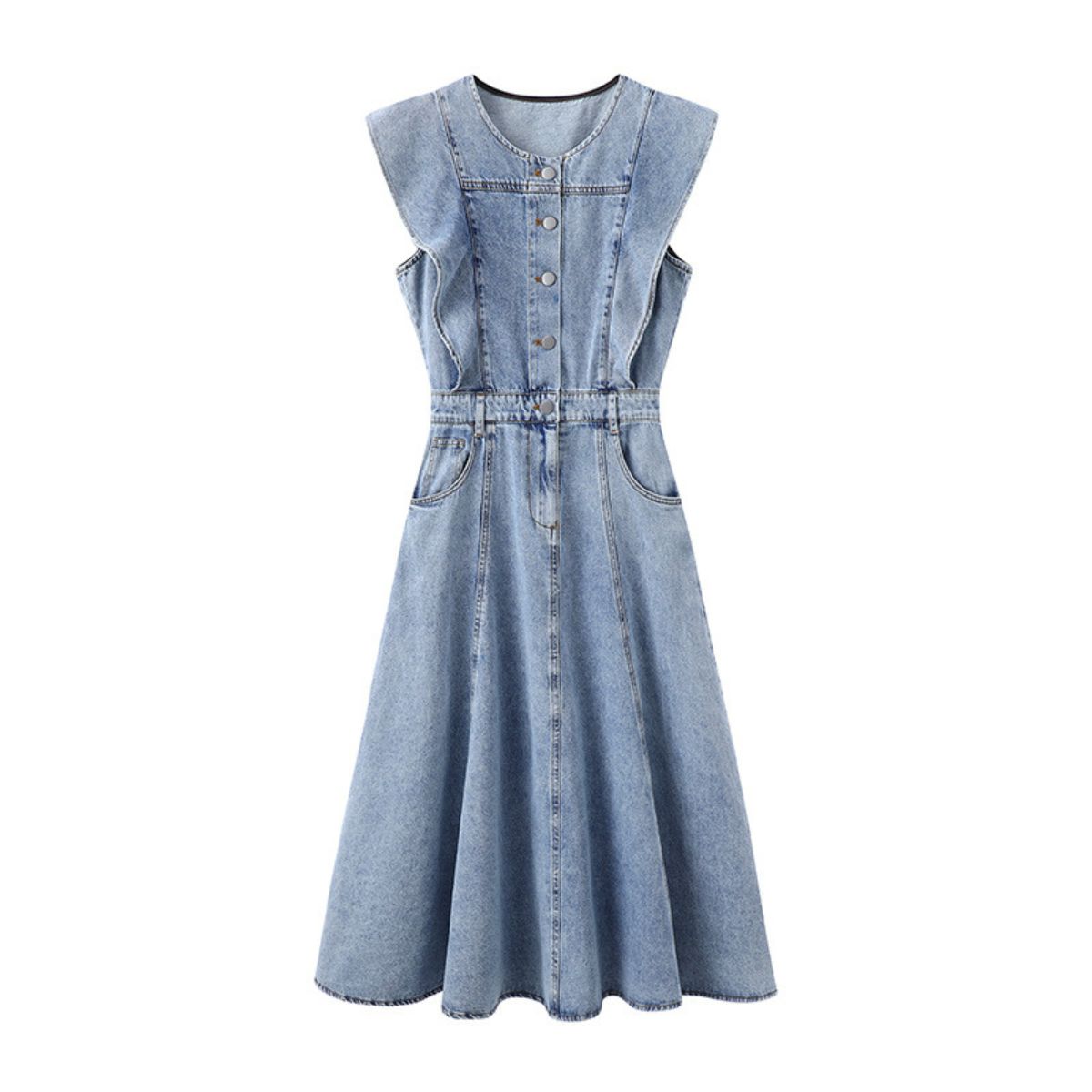 Armhole Ruffle Sleeveless Denim Midi Dress