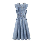 Armhole Ruffle Sleeveless Denim Midi Dress
