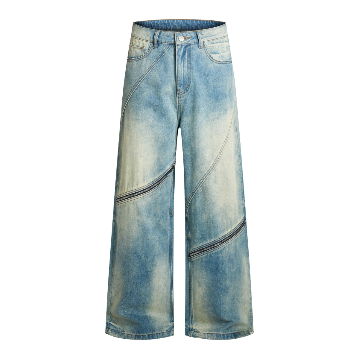 Retro Distressed Washed Baggy Patchwork Zip-Detail Relaxed Straight Fit Denim Jeans
