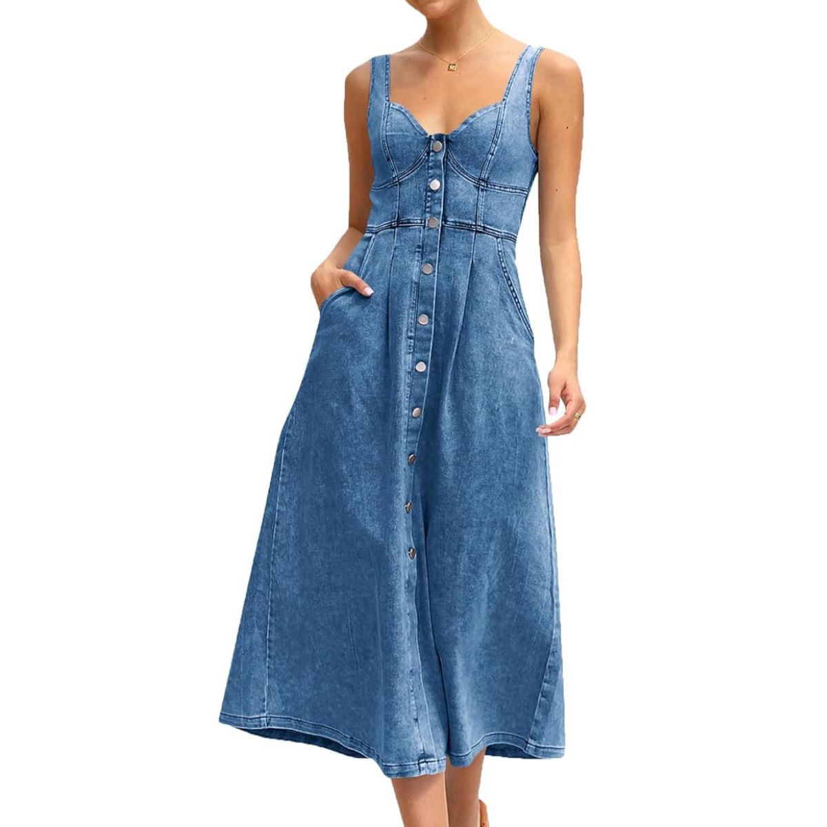 Button-Up Fitted Denim Cami Mididress