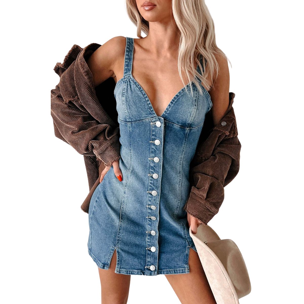 Button-Front Fitted Denim Cami Minidress