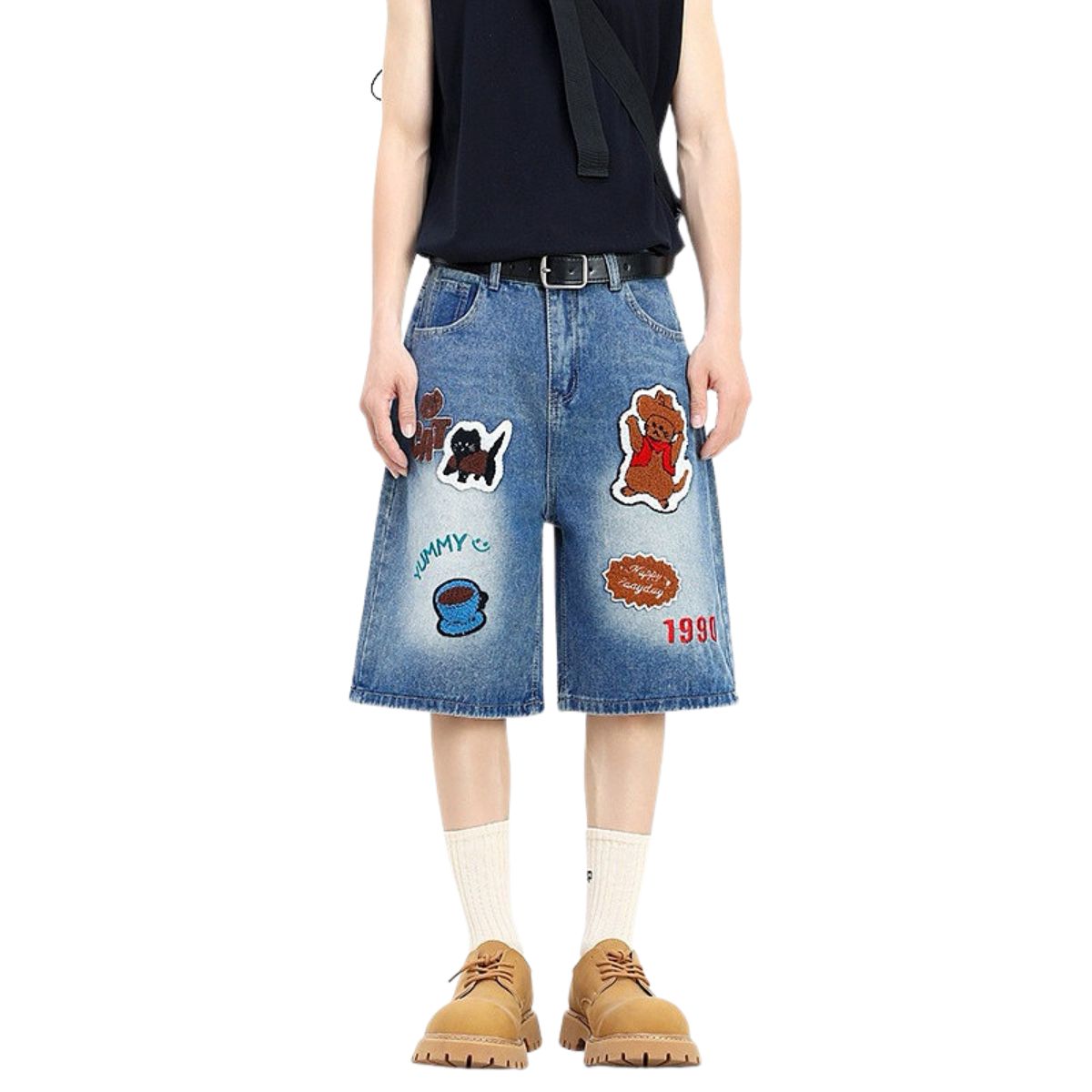 Cartoon Patch Loose Fit Denim Shorts