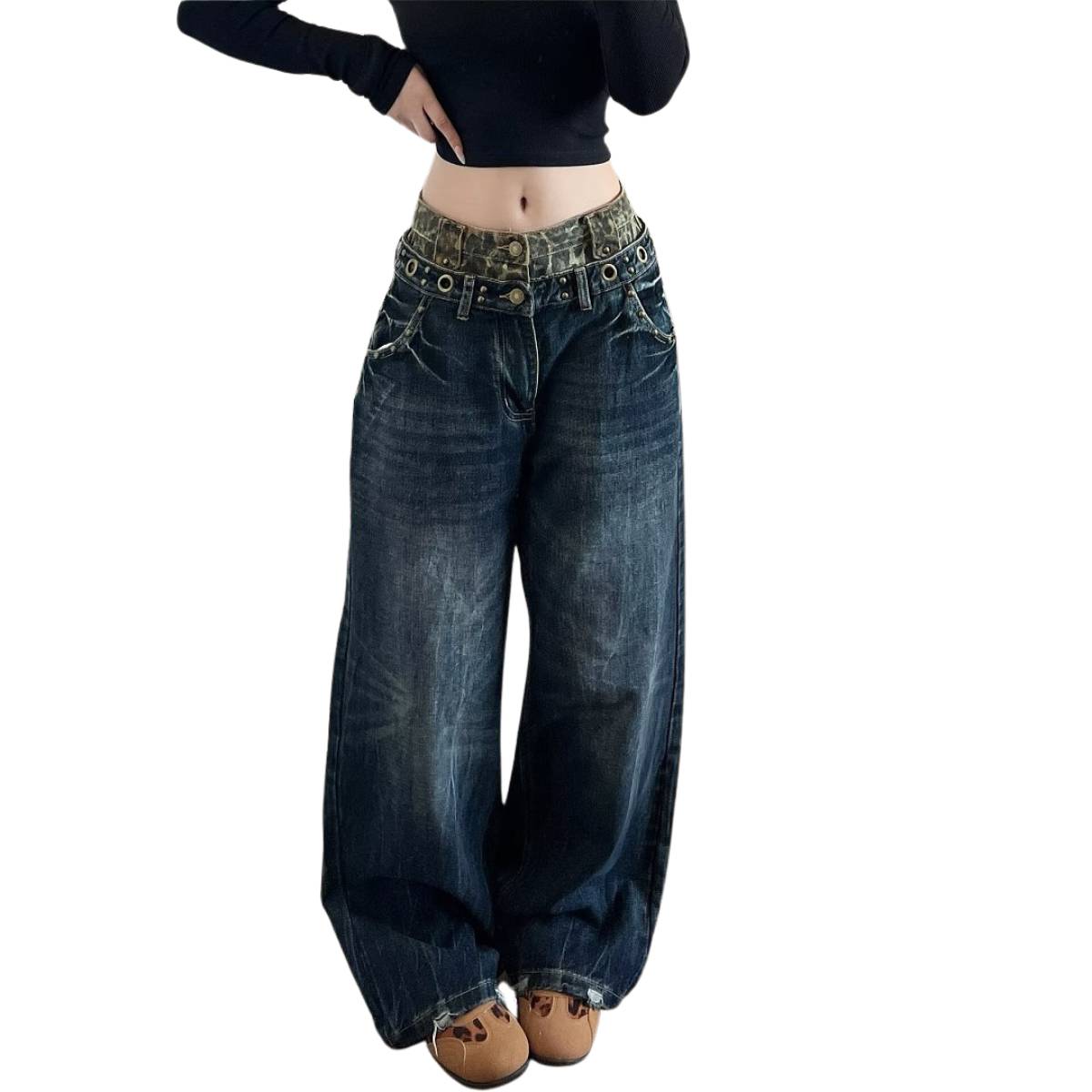 Vintage Washed Double-Waist Wide-Leg Denim Jeans