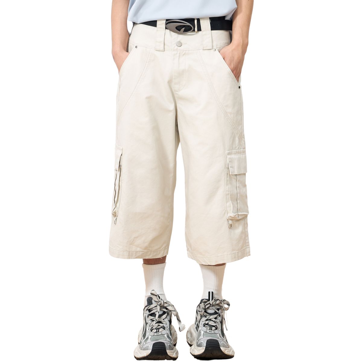 Beige Oversized Cargo Cropped Pants