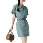 Pleated Short Sleeve Mini Denim Shirtdress
