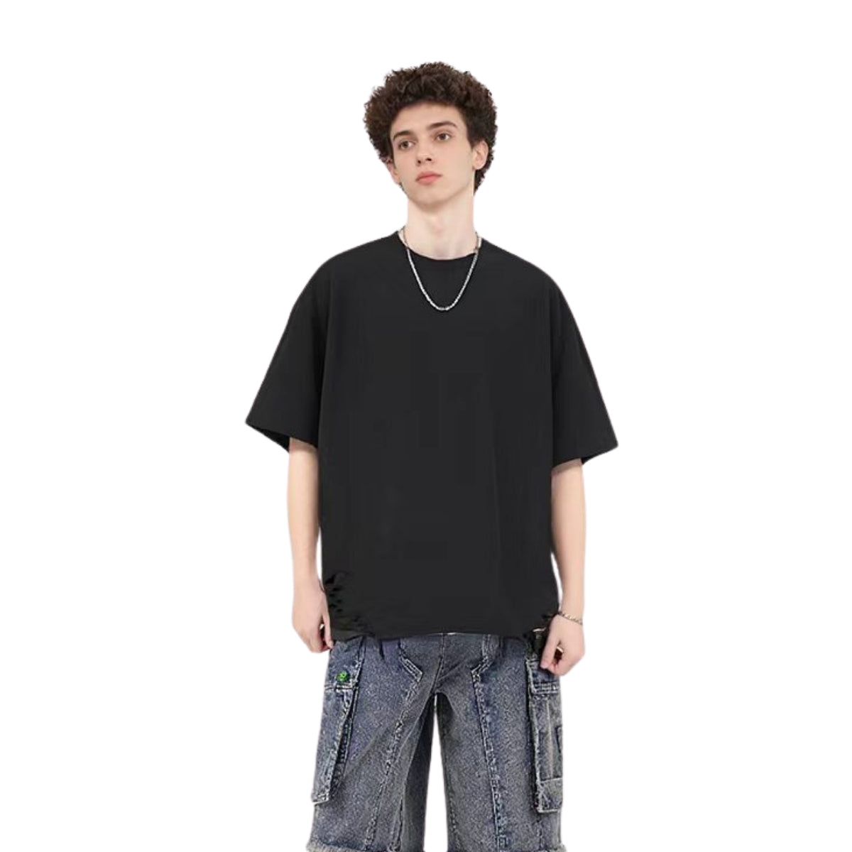 Black Washed Cotton Ripped Boxy Tee