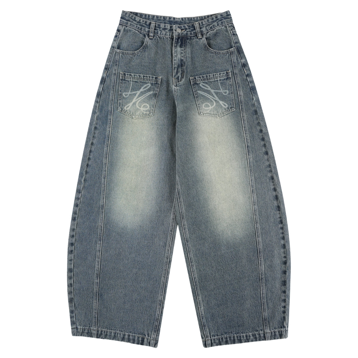 Laser Print Vintage Curved Denim Wide Leg Jeans