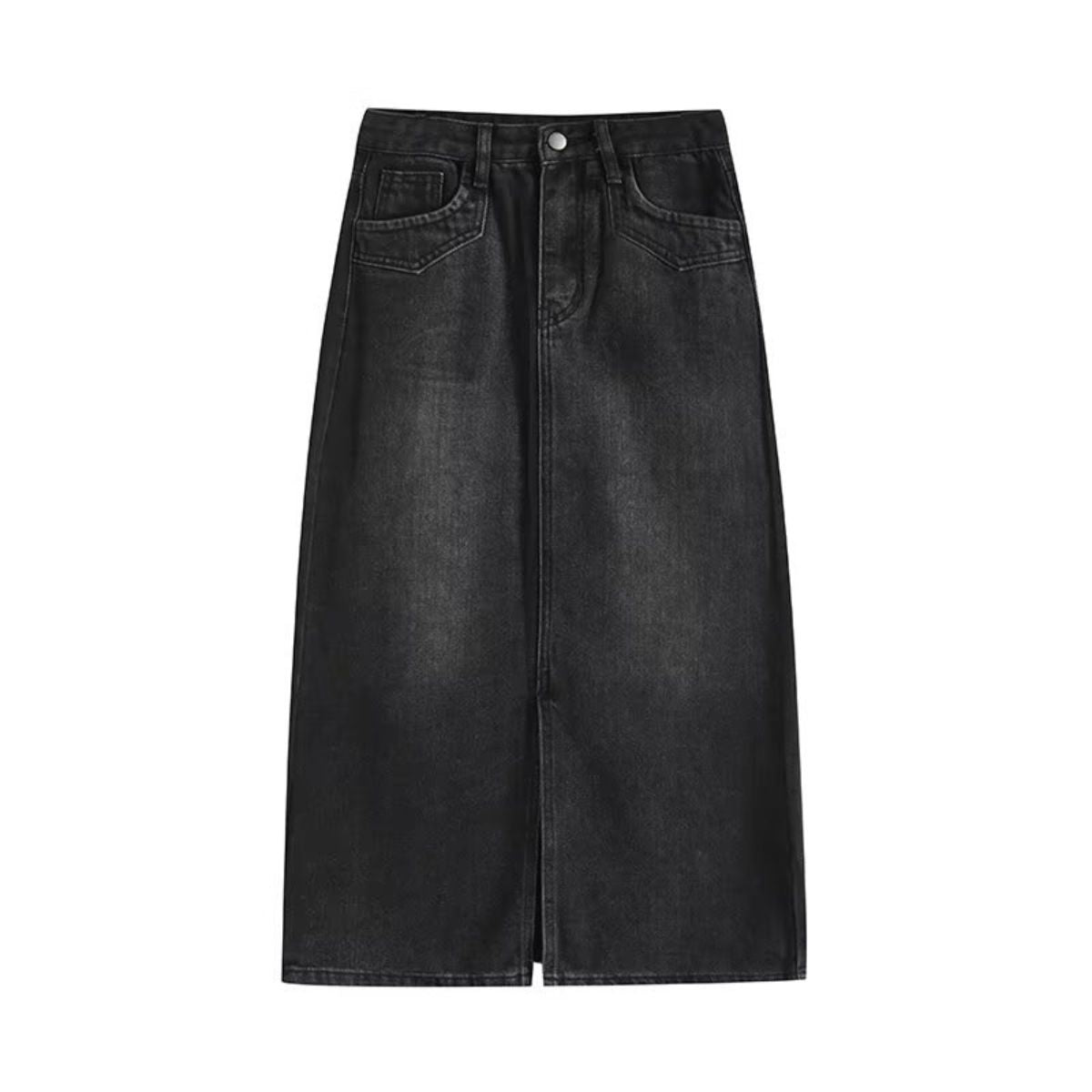 Black Washed Denim Midi Skirt