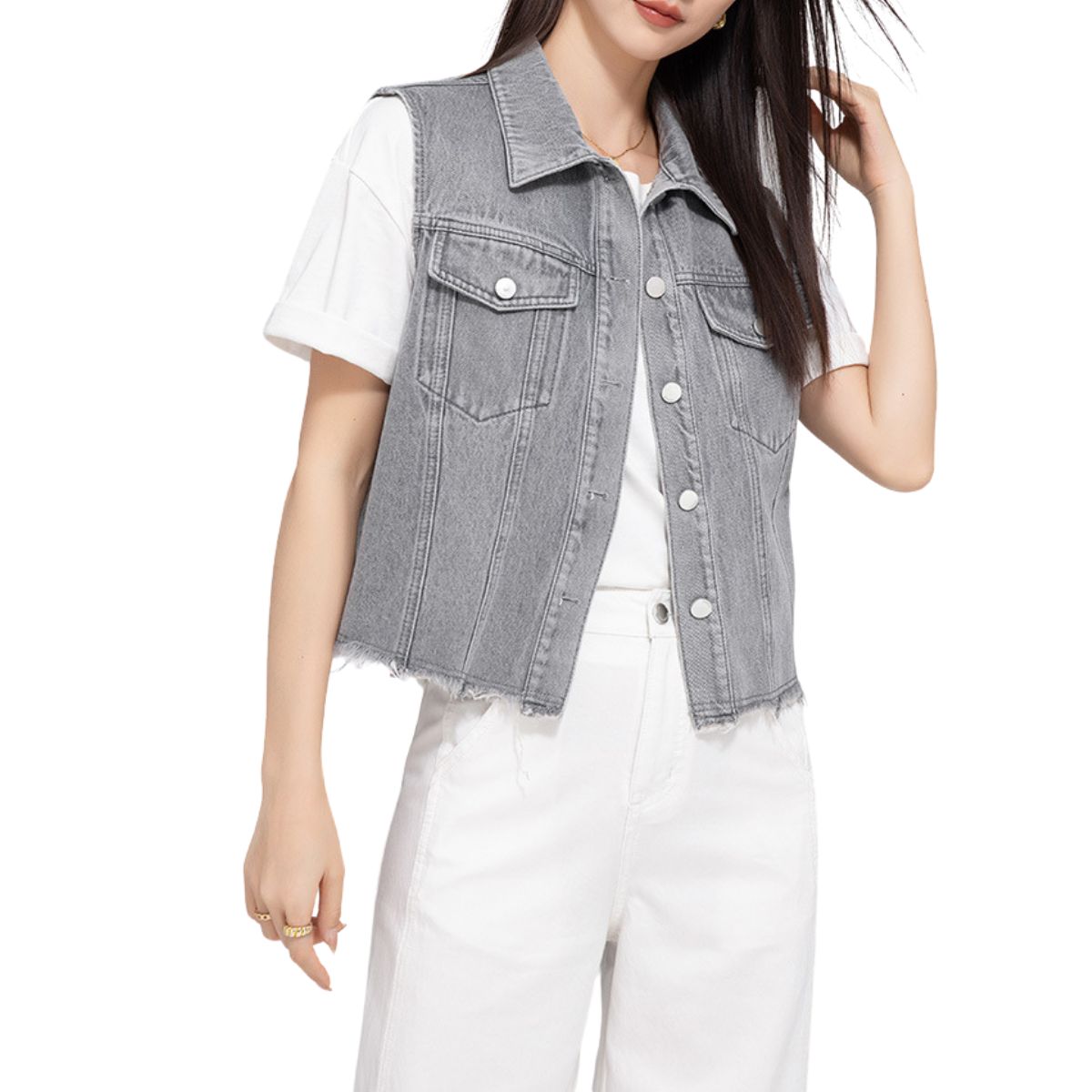 Gray Raw Hem Relaxed Denim Vest