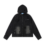 Unisex Retro Distressed Ripped Washed Denim Jacket with Hood