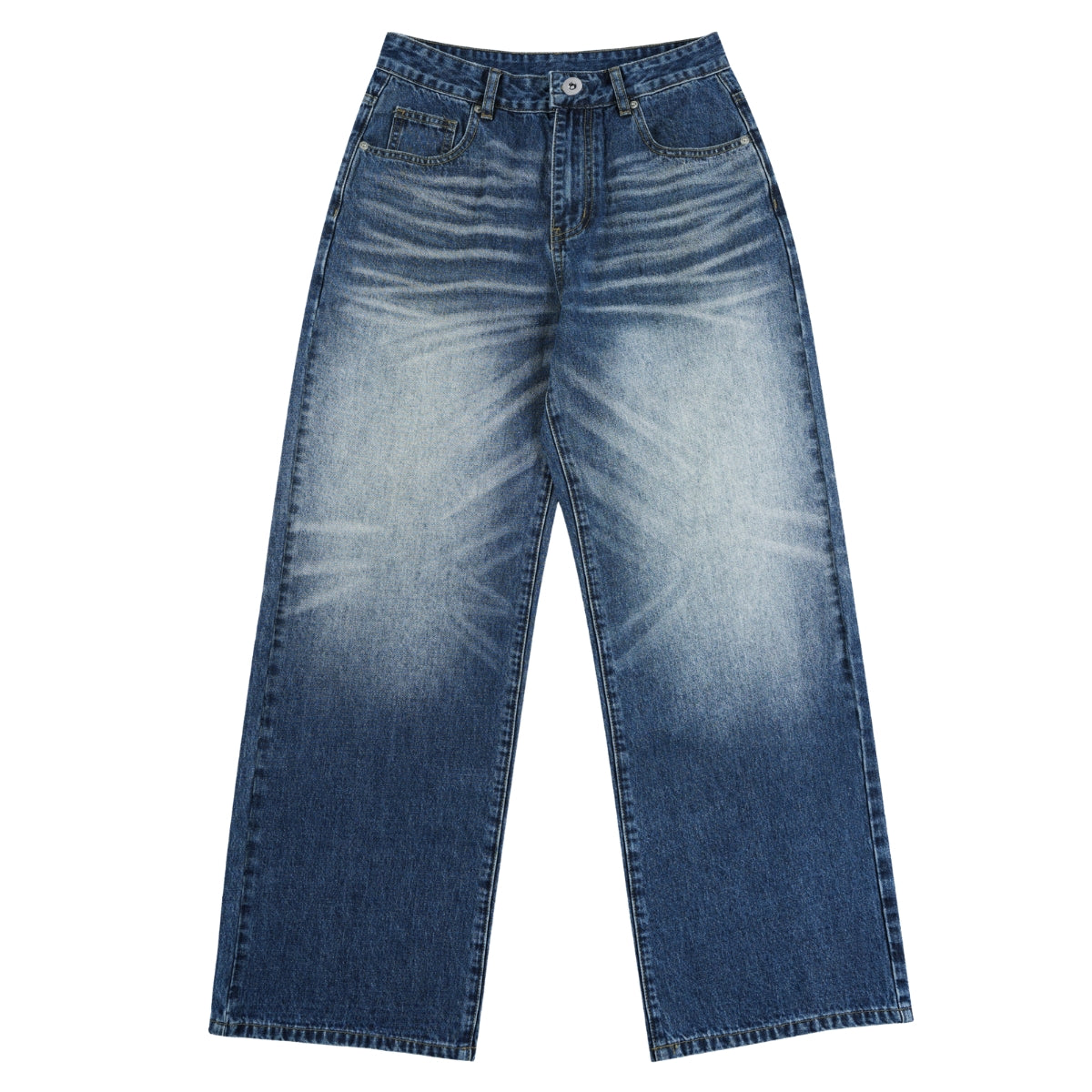 Deep Blue Washed Cat Whisker A-Line Straight Baggy Denim Jeans