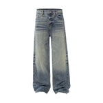 Washed Distressed Wide Leg Straight Denim Jeans