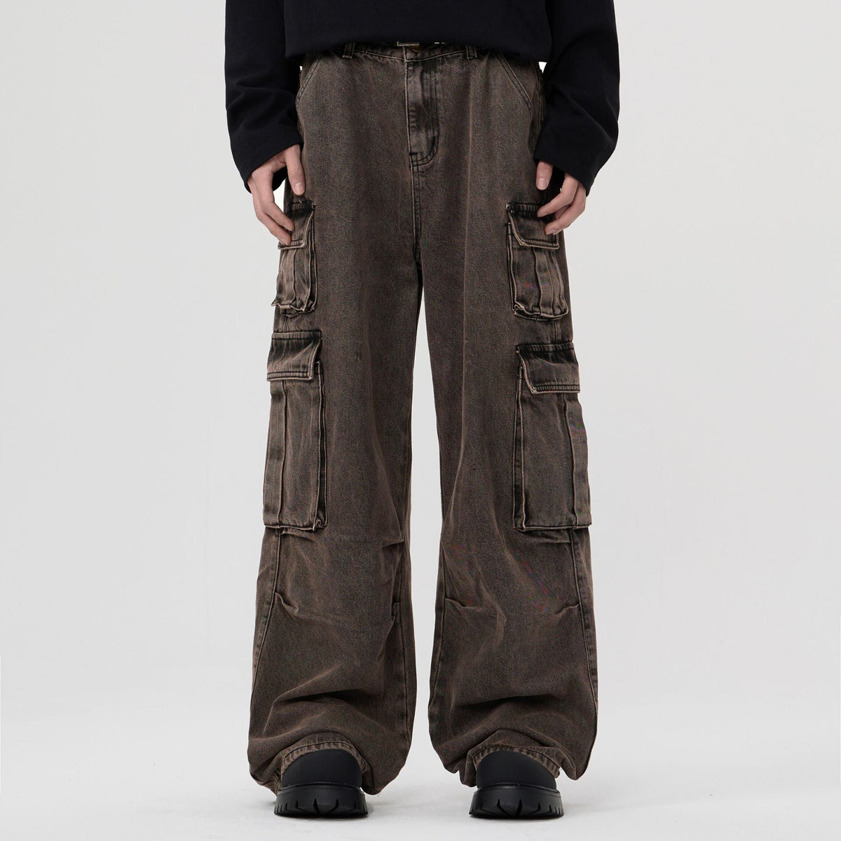 Wide Leg Denim Cargo Pants-INNBLAC Fashion Apparel